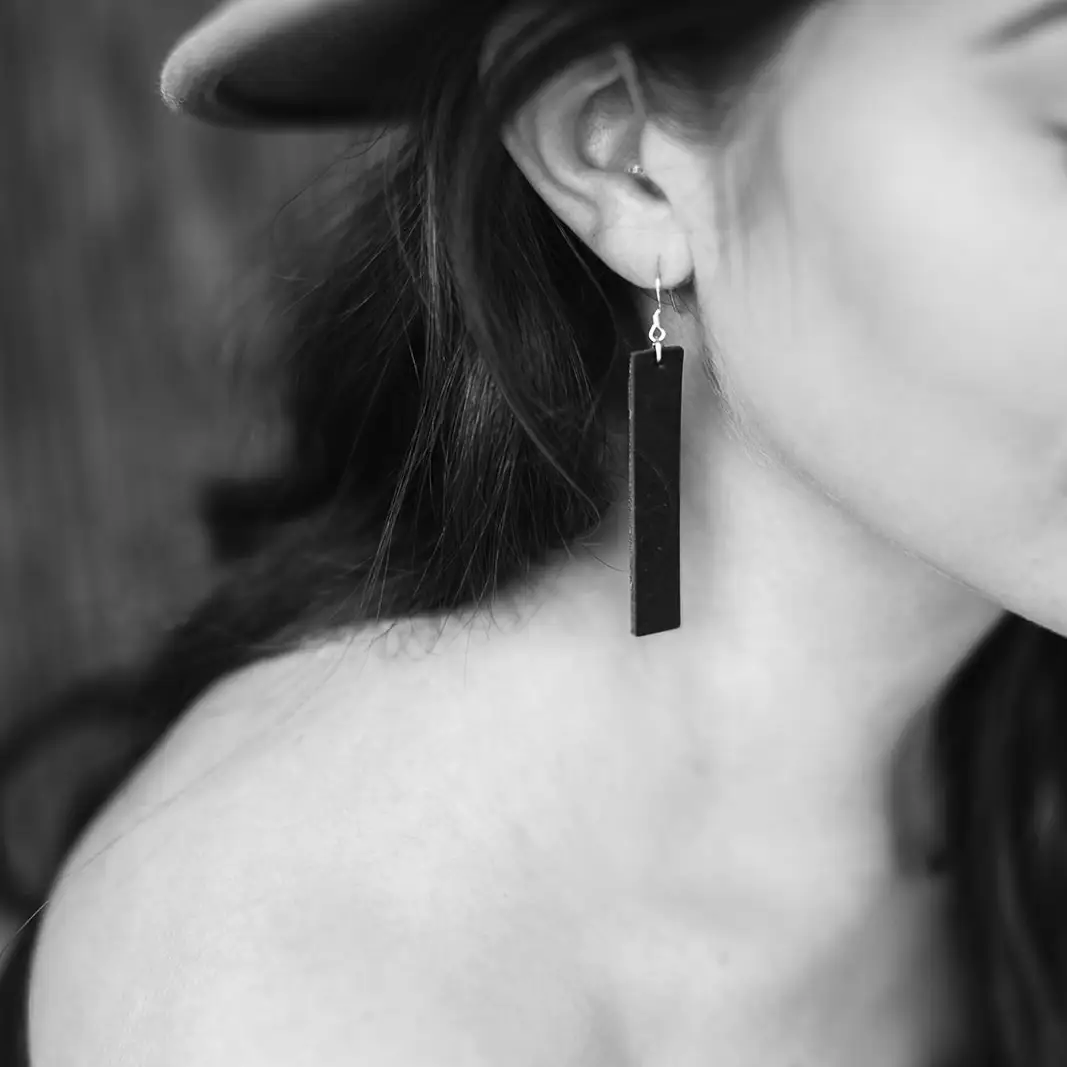 Black Leather Bar Earrings - Image 2