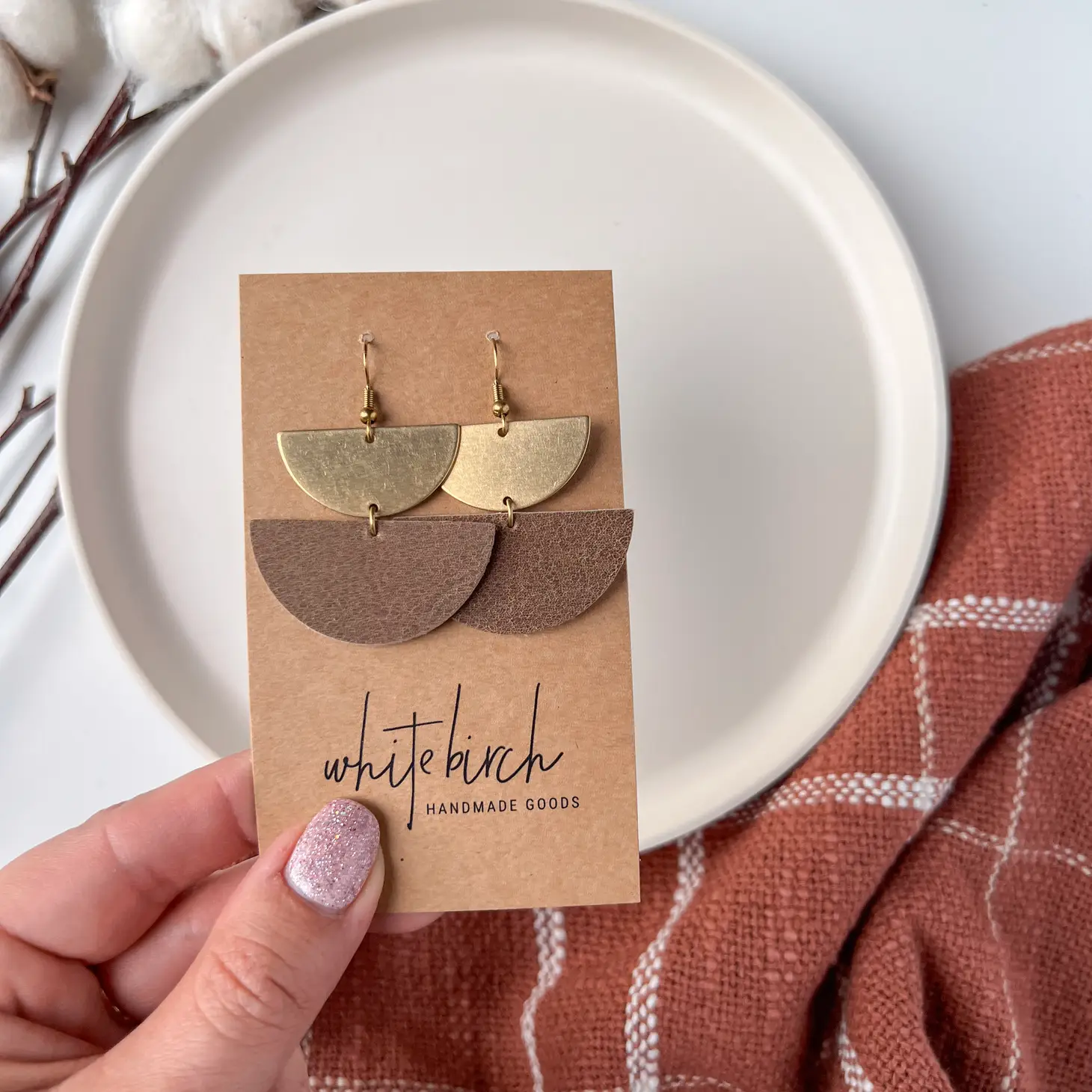 Bruma Brown Leather & Brass Half Moon Stacked Earrings