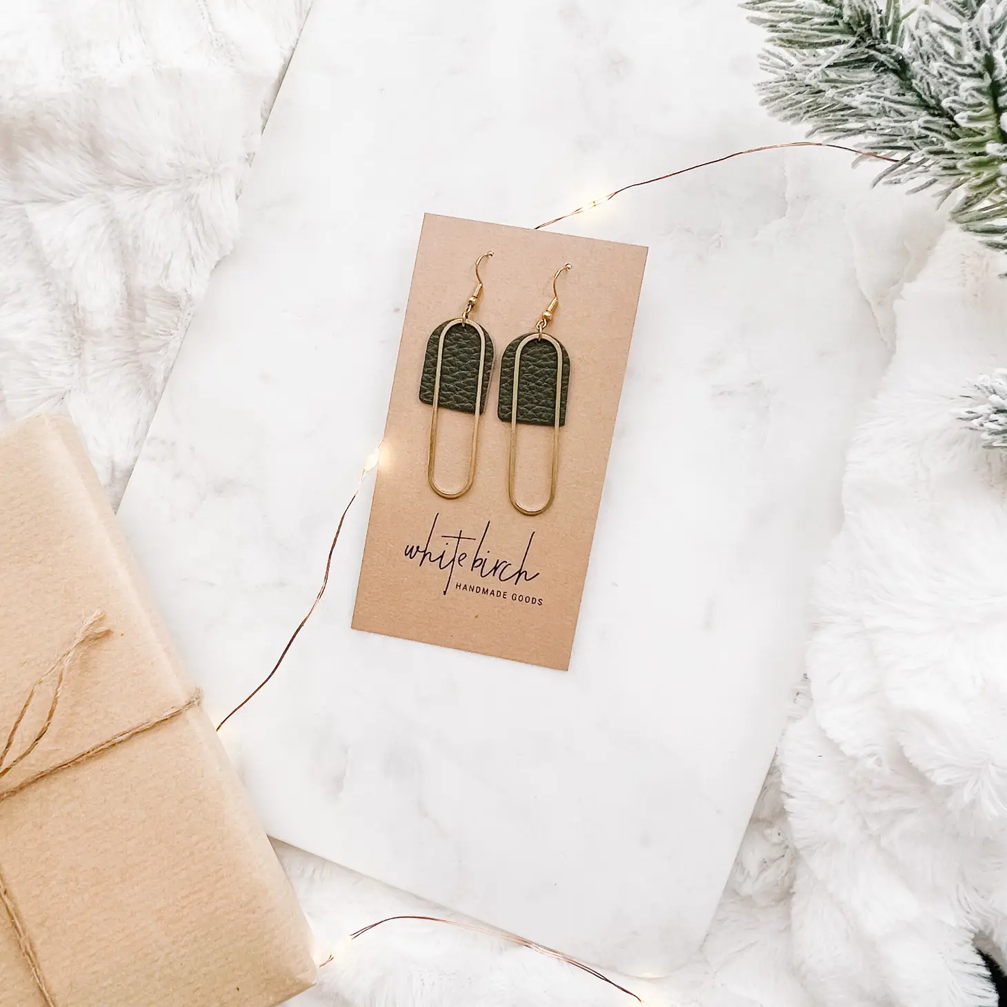 Dark Olive Green Leather & Brass Oval Accent Earrings - Image 2