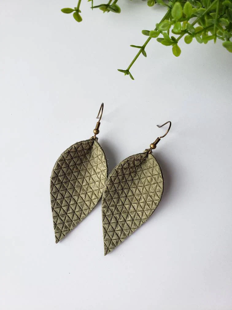 Olive Green Textured Suede Leather Leaf Earrings - Image 2