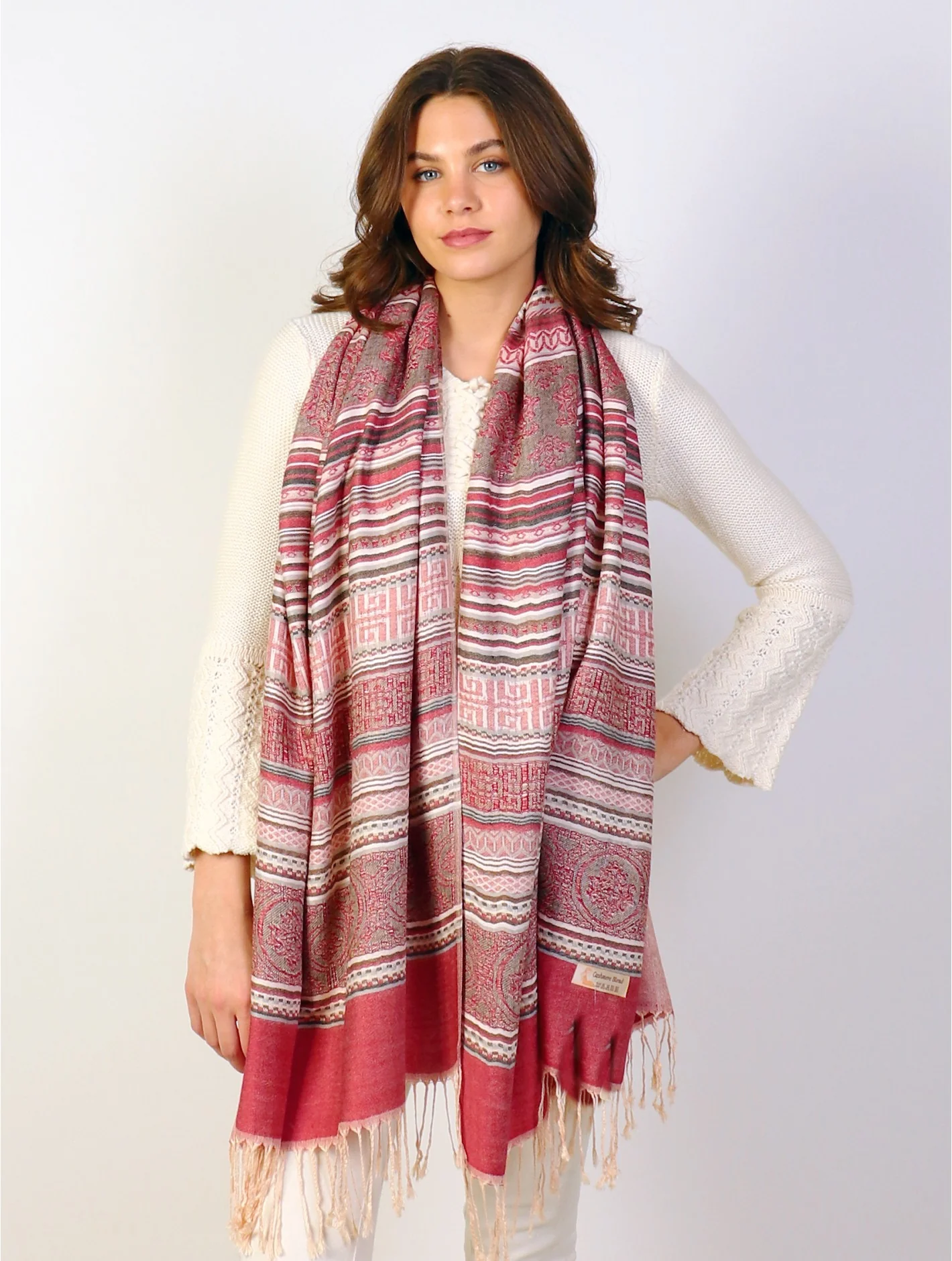 Burgundy Striped Geometric Print Pashmina Scarf